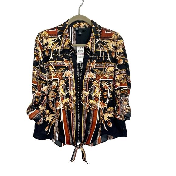 NEW INC Women’s Front Tie Button-Front Collared Leopard Floral Print Blouse - XL - Picture 2 of 10